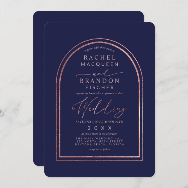 Moderne, einfache Rose Gold Navy Blue Arch Wedding Einladung (Vorne/Hinten)