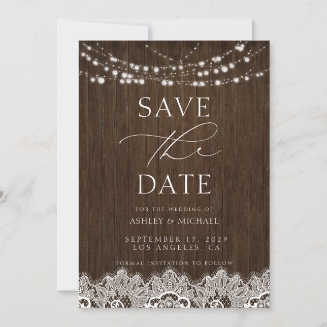 Moderne, einfache rustikale Twinkle Lights Wedding Save The Date (Vorderseite)