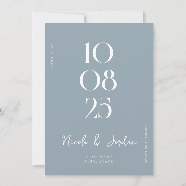 Moderne einfache, schicke, dusty Blue Wedding Save The Date (Vorderseite)
