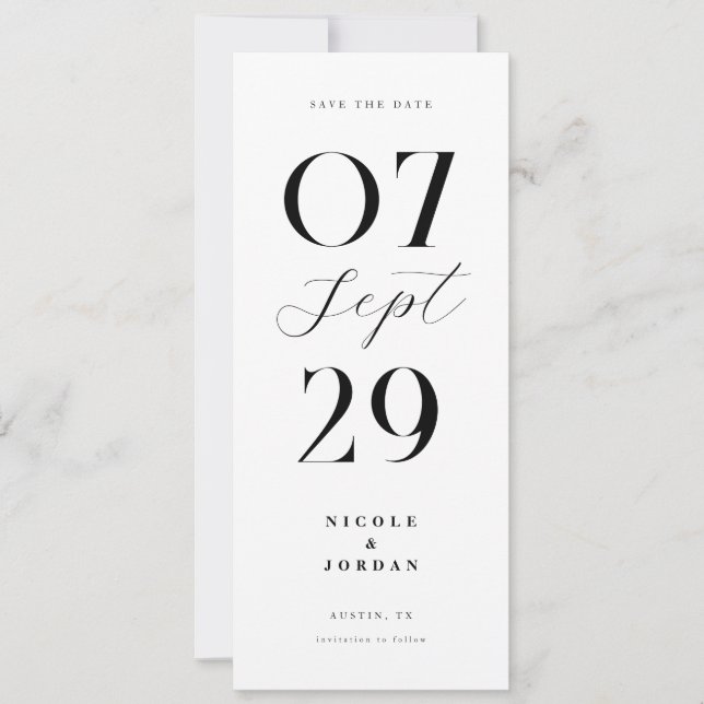 Moderne einfache, schicke Schwarz-Weiß-Hochzeit Save The Date (Vorderseite)