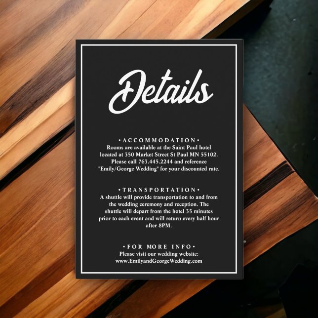 Moderne, einfache Schwarz-Weiß-Chic-Hochzeitsdetai Begleitkarte (Von Creator hochgeladen)