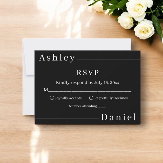 Moderne, einfache Schwarz-Weiß-elegante Hochzeit RSVP Karte (Von Creator hochgeladen)