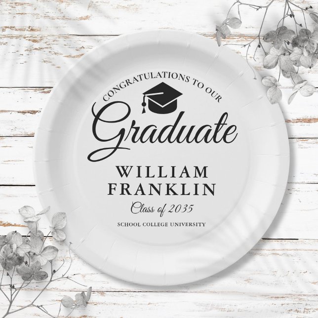 Moderne, einfache Schwarz-Weiß-Graduierungspartei Pappteller (Modern Simple Black And White Graduation Party Paper Plates)