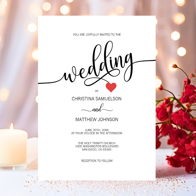 Moderne, einfache Schwarz-Weiß-Herz-Hochzeit Einladung (Modern Simple Black, White Red Heart Wedding Invitation)
