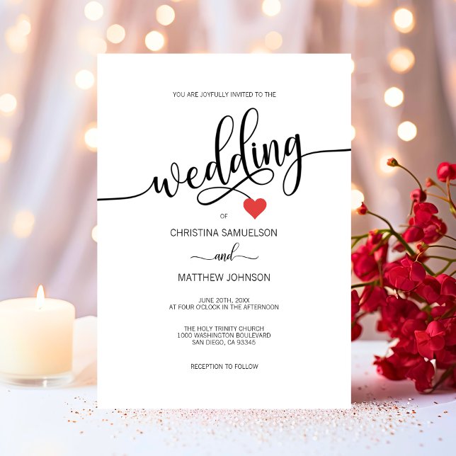 Moderne, einfache Schwarz-Weiß-Herz-Hochzeit Einladung (Modern Simple Black, White Red Heart Wedding Invitation)