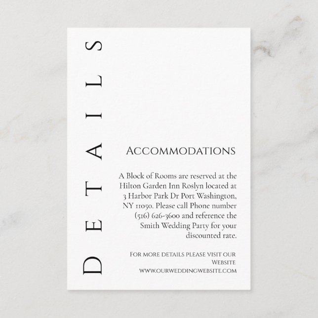 Moderne, einfache Schwarz-Weiß-Hochzeitsdetails: Begleitkarte (Rückseite)