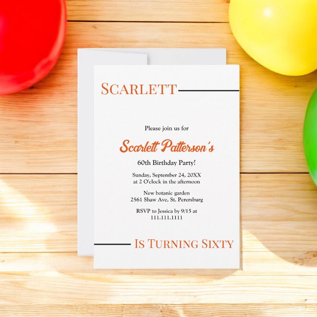 Moderne, einfache Schwarz-Weiß-Orange 60. Geburtst Einladung (Von Creator hochgeladen)