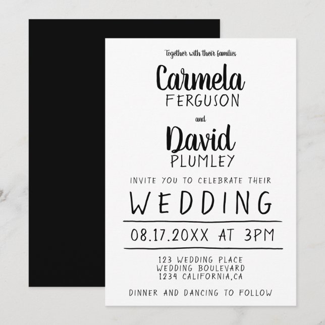 Moderne, einfache Schwarz-Weiß-Typografie Hochzeit Einladung (Vorne/Hinten)