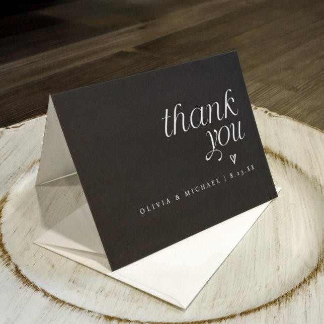 Moderne, einfache Schwarz-weiße Textherzension Dankeskarte (wedding thank you card - black and white simple modern folding wedding thank you)