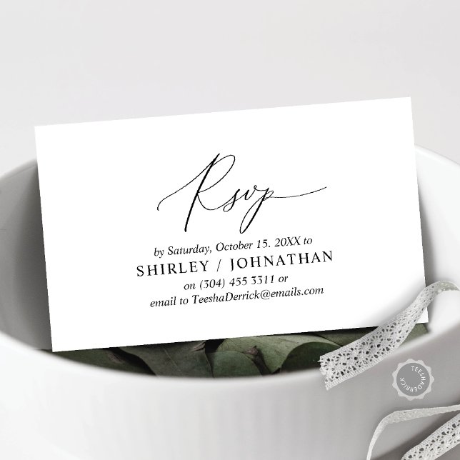 Moderne einfache Schwarze Kalligrafie, Hochzeitssz Begleitkarte (Invitation RSVP respond Enclosure Card, with wedding website, in Elegant Romantic Black and white)