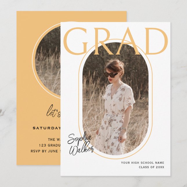 Moderne, einfache Script-Orange-Foto-Graduierungsp Einladung (Vorne/Hinten)