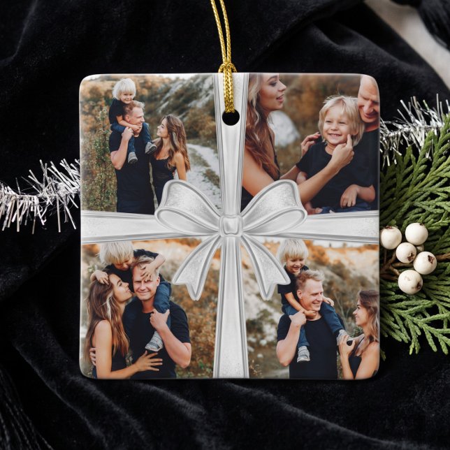 Moderne einfache silberne Bogen-Custom-4-Foto-Coll Keramikornament (Modern Simple Silver Bow Custom 4 Photo Collage Ceramic Ornament)