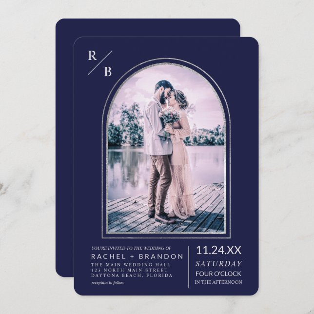 Moderne, einfache Silver Navy Blue Arch Wedding Einladung (Vorne/Hinten)