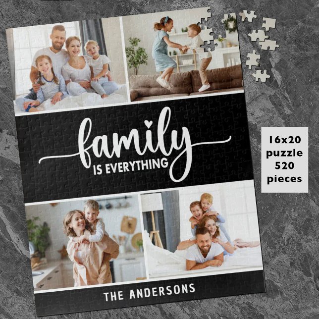 Moderne einfache Skriptfamilienfoto Puzzle (A personalized family photo puzzle with with the text, Family is Everything, and your photos & name)