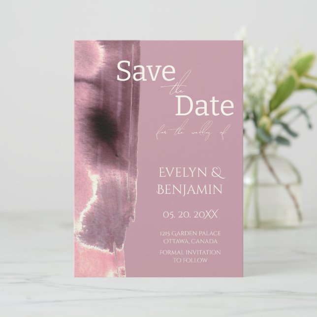 Moderne, einfache, stürmische Rose Mauve Save The Date (Stehend Vorderseite)