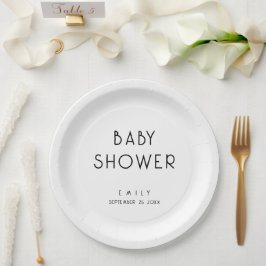 Moderne, einfache Text-Schwarz-Weiß-Babydusche Pappteller