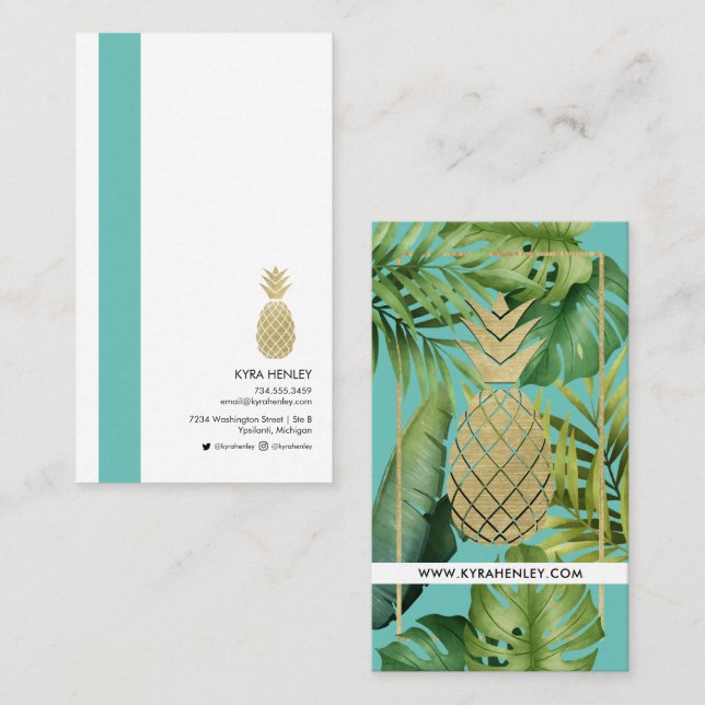 Moderne einfache tropische Blätter Ananas Türkis  Visitenkarte (Vorne/Hinten)