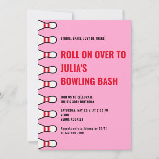 Moderne, einfache und allzeitalte Rosa Bowling Geb Einladung