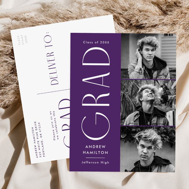 Moderne Einfachheit Lila 3-Foto-Graduierungsparty Einladungspostkarte (Von Creator hochgeladen)