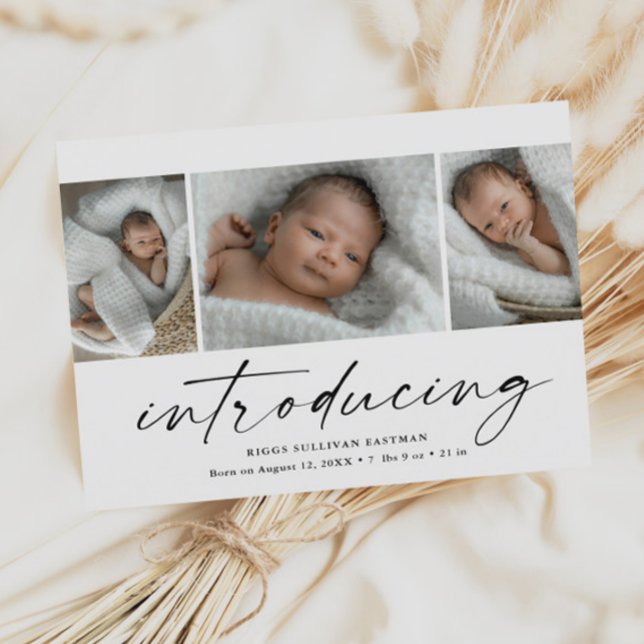 Moderne Einführung Baby Foto Collage Dankeskarte (Modern script introducing 3 photo collage baby birth announcement thank you card.)