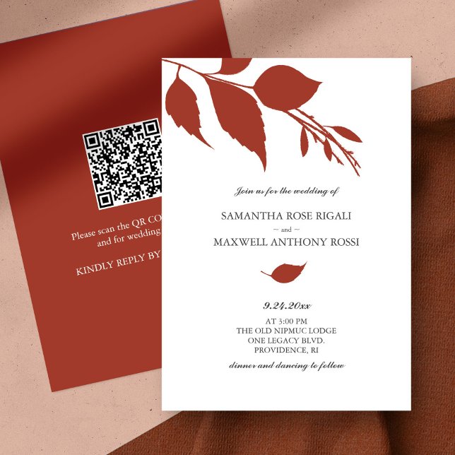 Moderne Einladung zum Hochzeitsfeiern mit QR-Code (QR code wedding invitation botanical orange leaves minimalistic)
