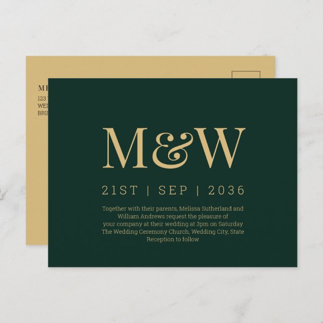 Moderne Einladung zur Mongram Green Gold Hochzeit Postkarte (Vorne/Hinten)