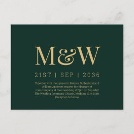 Moderne Einladung zur Mongram Green Gold Hochzeit Postkarte