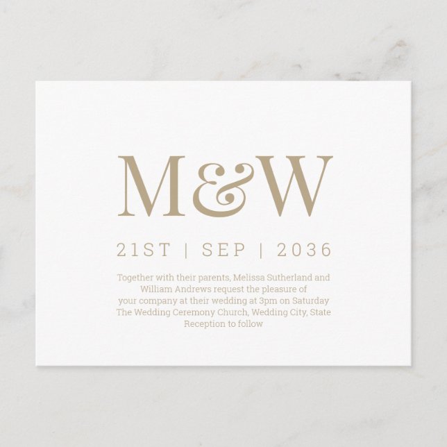 Moderne Einladung zur White Wedding Monogram Postkarte (Vorderseite)