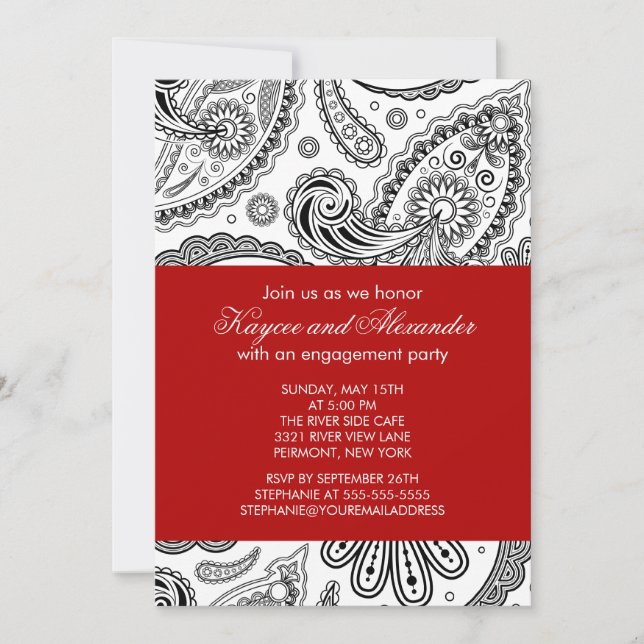 Moderne Einladungen der Red Paisley Engagement Par (Vorderseite)