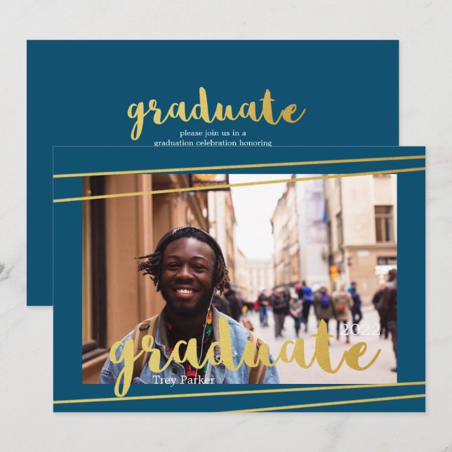 Moderne Einladungen in Blau, Gold und Weiß (Vorne/Hinten)