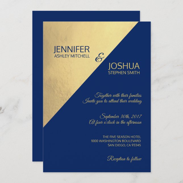 Moderne, einzigartige Navy Blue & Gold Foil Hochze Einladung (Vorne/Hinten)