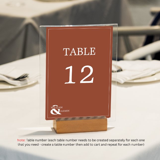 Moderne, einzigartige Terracotta-Rost-Hochzeit mit Tischnummer (Von Creator hochgeladen)