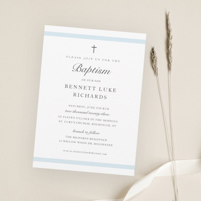Moderne Elegance Boys Taufe Einladung (Simple Elegant Blue Boys Baptism Invitations.)