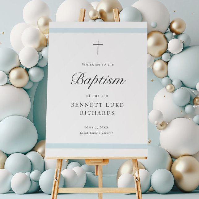 Moderne Elegance Boys Taufe Willkommen Poster (An elegant boys baptism welcome sign poster. Also, available as a downloadable file.)