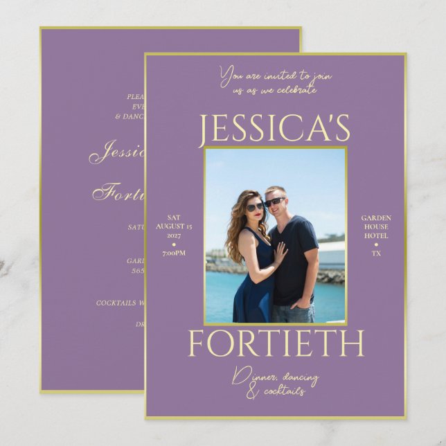 Moderne Elegance Dusty Lilac Foto 40. Geburtstag Einladung (Vorne/Hinten)