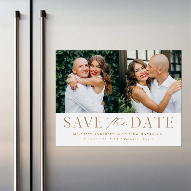 Moderne Elegance Gold Zwei Fotos Save the Date Magneteinladung (Von Creator hochgeladen)