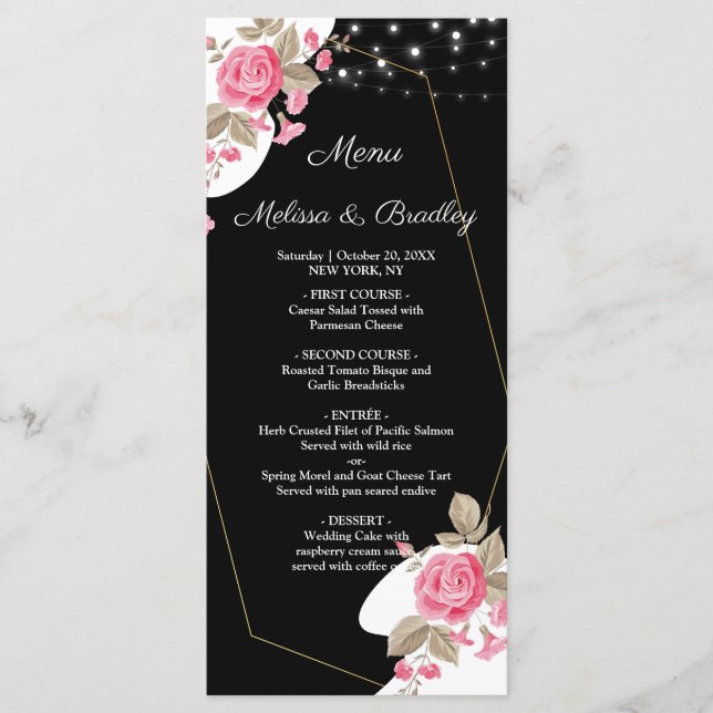 Moderne Elegance Rosa Floral String Light Menu Programm (Vorderseite)
