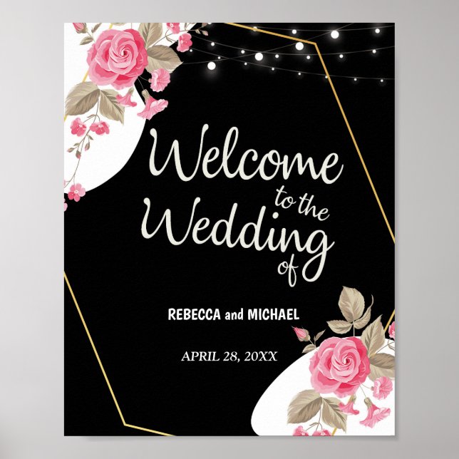 Moderne Elegance Rosa florale Saitenlicht Hochzeit Poster (Vorne)