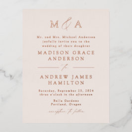 Moderne Elegance Rose Gold Monogram Wedding Folie Einladungspostkarte