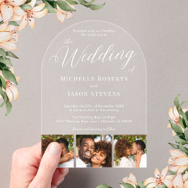Moderne Elegant 3 Foto Strip Calligraphy Wedding Acryleinladungen