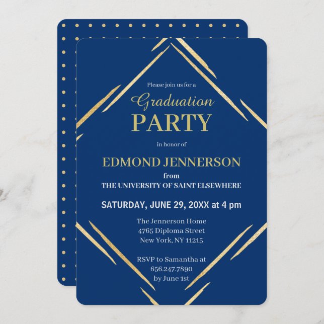 Moderne Elegant Blue Gold 2025 Graduation Party Einladung (Vorne/Hinten)