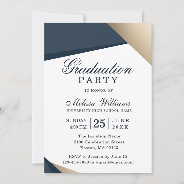 Moderne Elegant Blue Gold Graduation Party Einladung (Vorderseite)