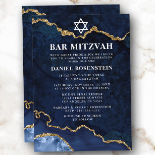 Moderne Elegant Blue Gold Marble Geode Bar Mitzvah Einladung