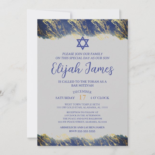Moderne Elegant Blue Gold Star von David Bar Mitzv Einladung (Vorderseite)