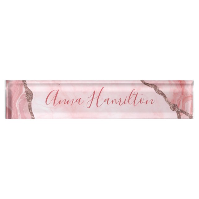 Moderne Elegant Blush Pink Agate Geode Namensplakette (Vorderseite)