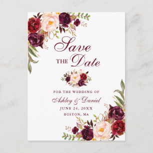 Moderne Elegant Burgund Floral Save the Date Ankündigungspostkarte