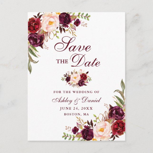 Moderne Elegant Burgund Floral Save the Date Ankündigungspostkarte (Vorderseite)
