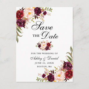 Moderne Elegant Burgundy Floral Save the Date Blk Ankündigungspostkarte