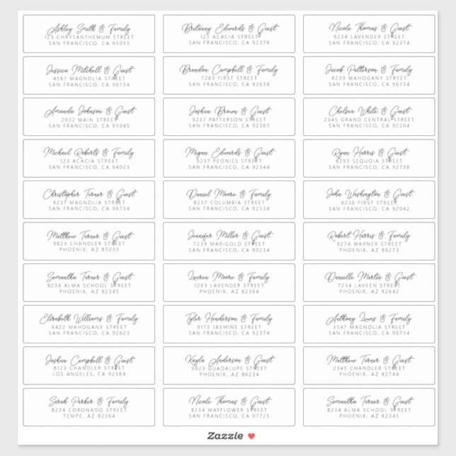Moderne Elegant Chic Wedding Guest Names Adresse Aufkleber (Blatt)