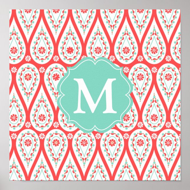 Moderne Elegant Damask Coral Paisley Personalisier Poster (Vorne)